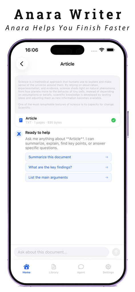 Anara AI Research Papers - Anara AI mobile app interface showing options to summarize an academic article and extract key findings