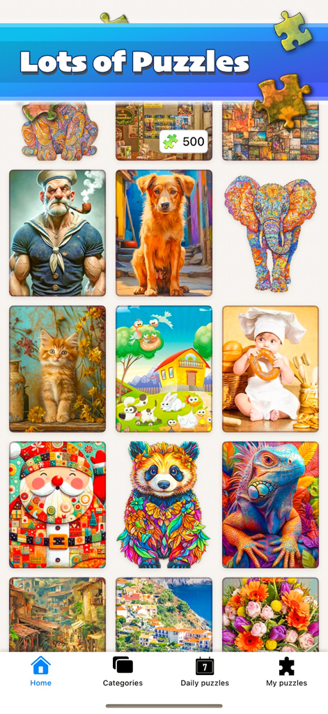 Una selección de vibrantes rompecabezas que presentan animales, personajes y paisajes escénicos en la biblioteca del juego.