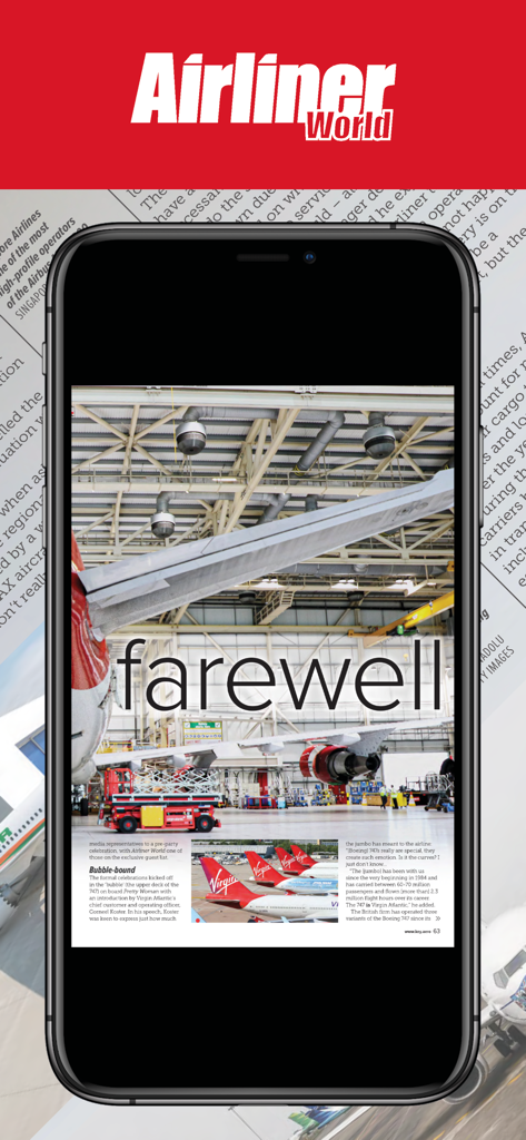 Airliner World Magazine - Schermata dello smartphone che mostra un articolo digitale intitolato farewell nell'app Airliner World Magazine