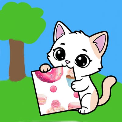 a small cat with a blank sheet of paper in its hand. the cat is sooooooo cute!