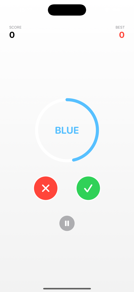 True Color - Special Edition - Gameplay screen of True Color Special Edition showing the word BLUE in blue color with red and green reaction buttons