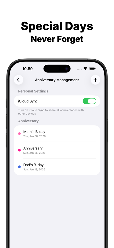 Anniversary management screen in the Widget Calendar app showing iCloud sync and a list of special dates like birthdays.