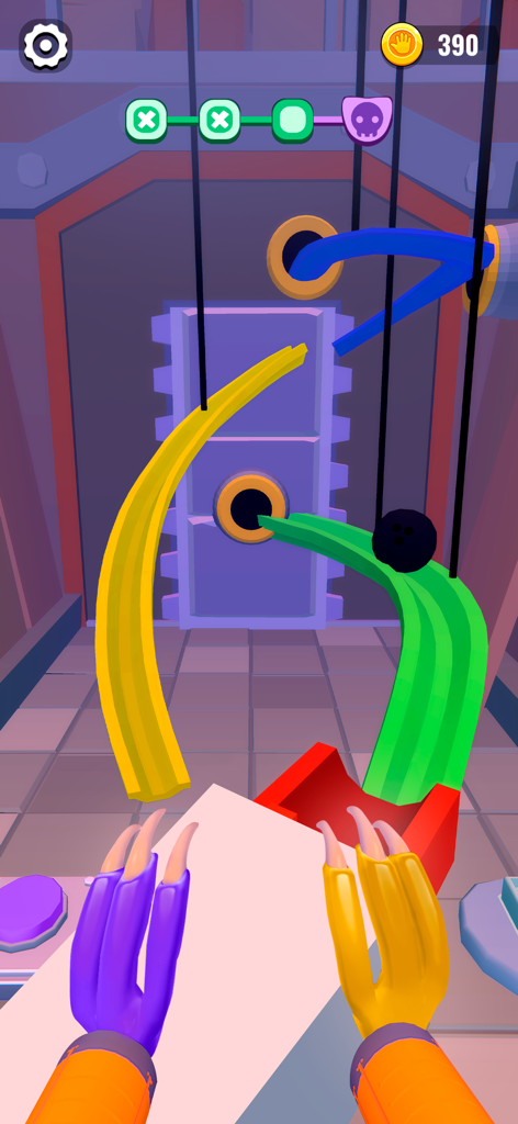 First person view of solving a physics puzzle with colorful power hands in Monster Play Time