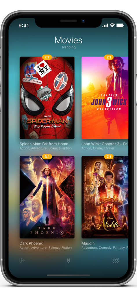 A screenshot of The Movie Finder app showing trending movies with titles genres and ratings on an iPhone.
