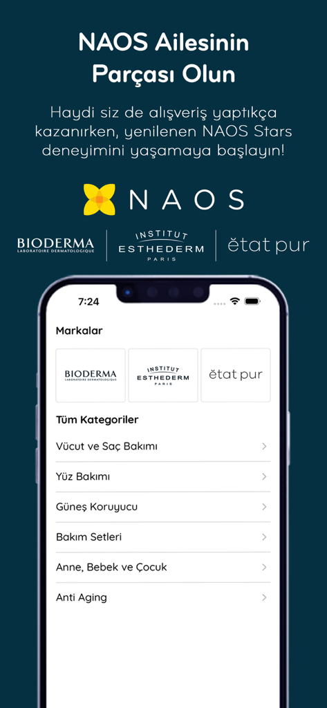 Naos Stars - Bioderma、Institut Esthederm、Etat Purのブランドと製品カテゴリが表示されたNaos Starsアプリの画面