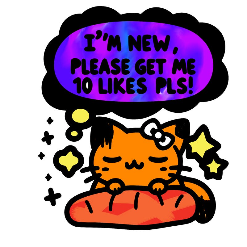 kitty taking a nap dream talking and saying "i'm new, please get me at least 10 likes pls!!"