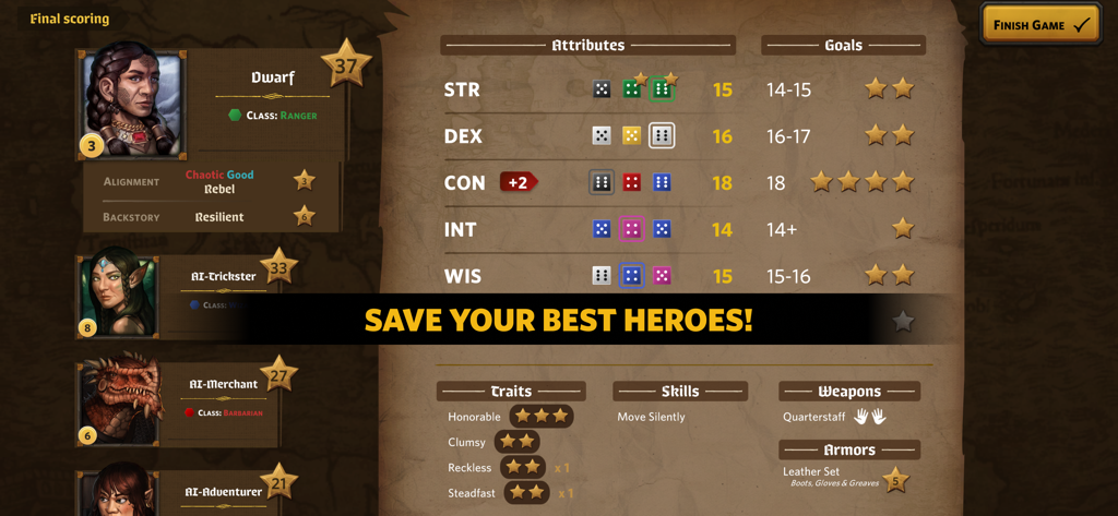 Roll Player - The Board Game - Roll Player final scoring screen showing a Dwarf Ranger character sheet with attributes and traits