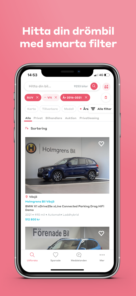 A smartphone showing the Wayke car marketplace app with search filters for an SUV and a blue BMW X1 listing.