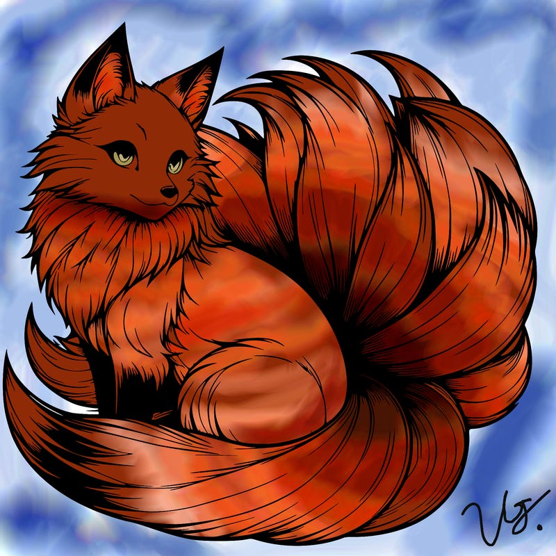 realistic detailed 9 tailed anime fox