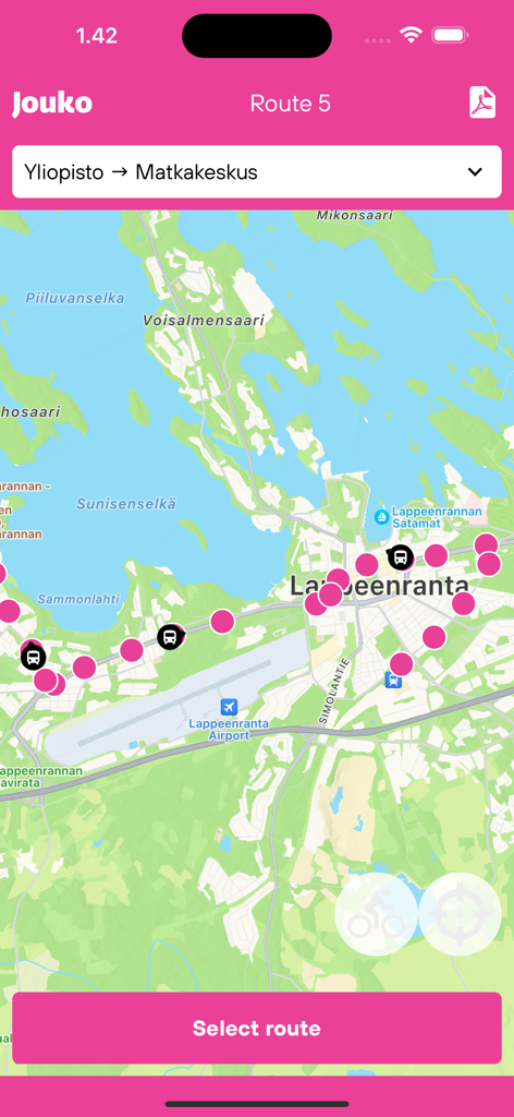 Jouko - Jouko app showing real-time bus locations and stops on a map of Lappeenranta