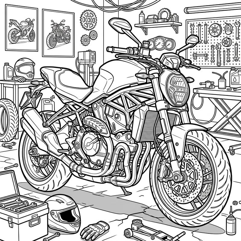 Get ready for an adrenaline rush with this intricate naked sport bike coloring page, designed especially for teens. Explore a dynamic garage scene, perfect for bringing vibrant colors to life.