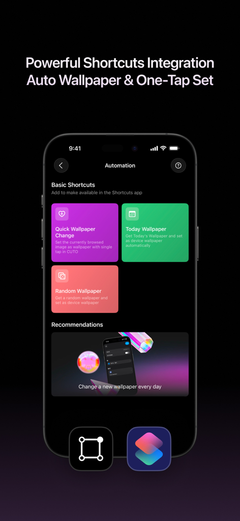 Cuto Wallpaper app interface displaying powerful iOS Shortcuts integration for automatic wallpaper updates.