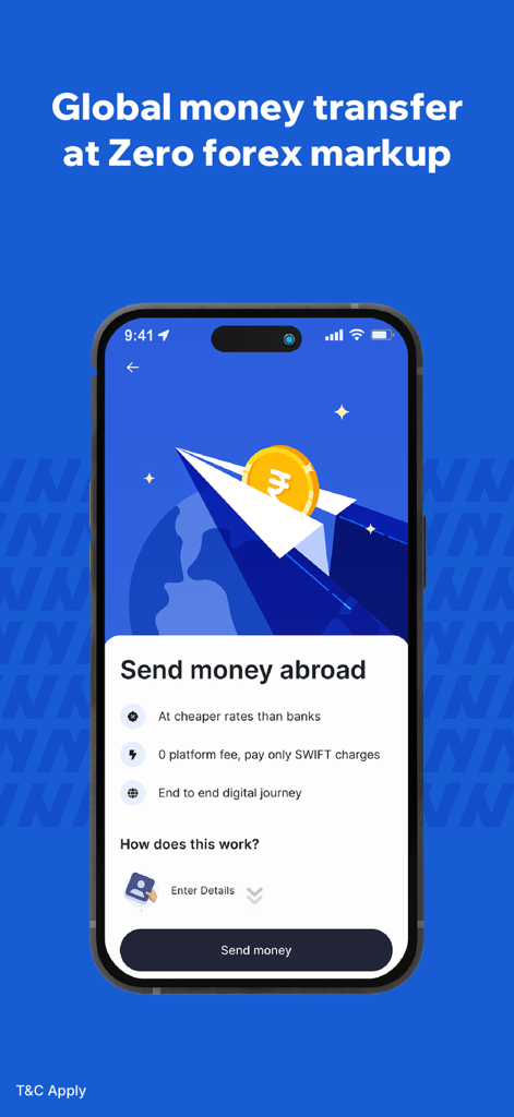 Niyo app interface for international money transfers with zero forex markup
