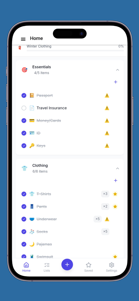 Packing list - checklist - A travel packing list app interface showing categories for essentials and clothing with items checked off