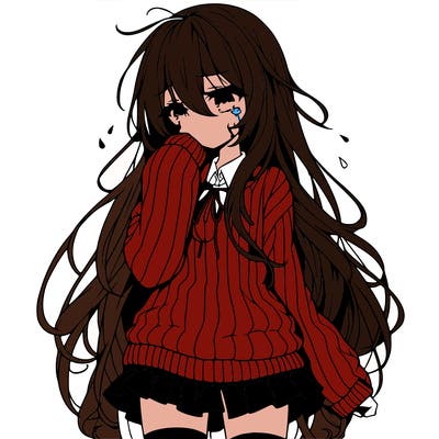 anime girl with long hair and sweater with a skirt crying