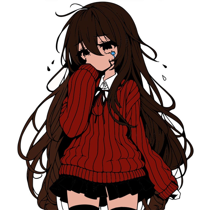 anime girl with long hair and sweater with a skirt crying