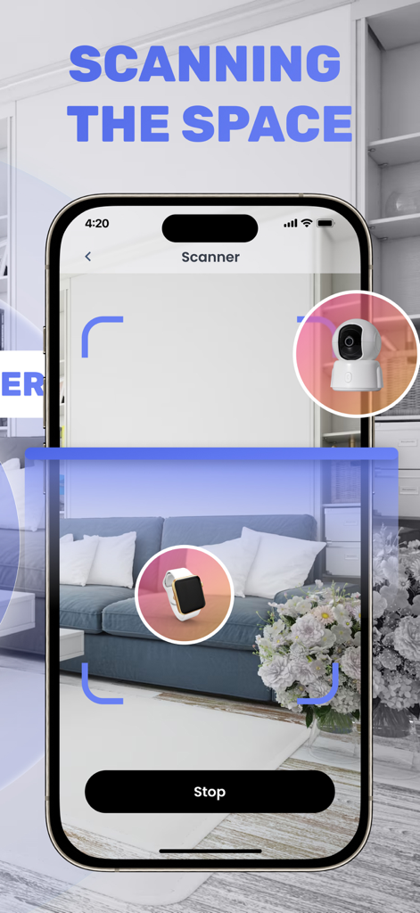 Device Tracking - Bug Detector - Interfaz de aplicación de smartphone que muestra una habitación siendo escaneada en busca de cámaras y dispositivos electrónicos ocultos