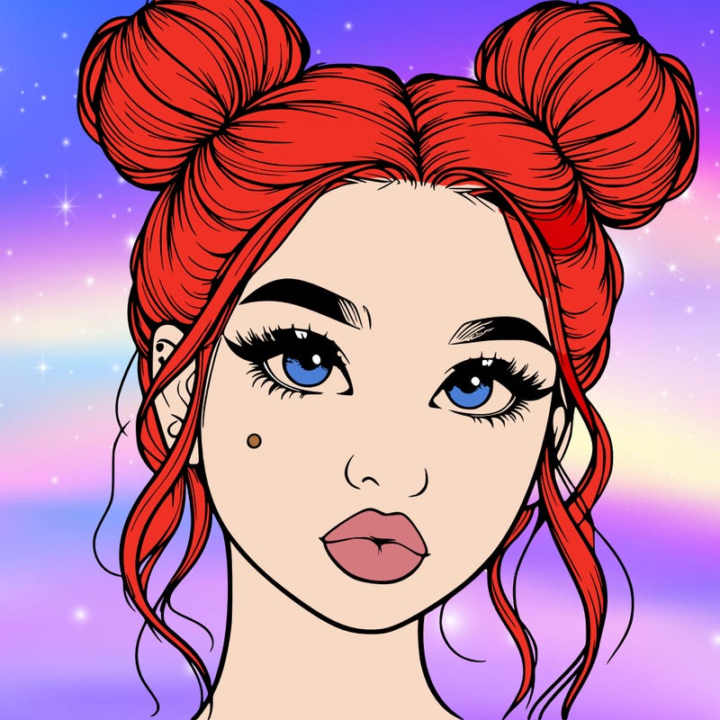 realistic girl with two buns on her hair and lips