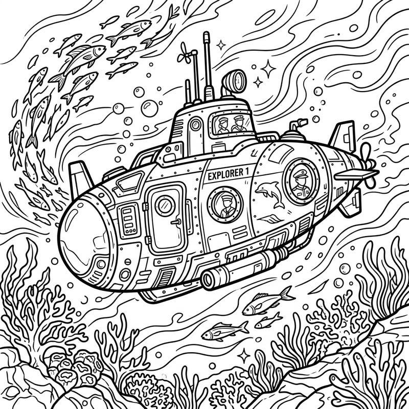 Embark on an exciting underwater journey with this detailed submarine coloring page designed for teens. Discover a vibrant world beneath the waves, ready for your artistic touch and creative exploration.