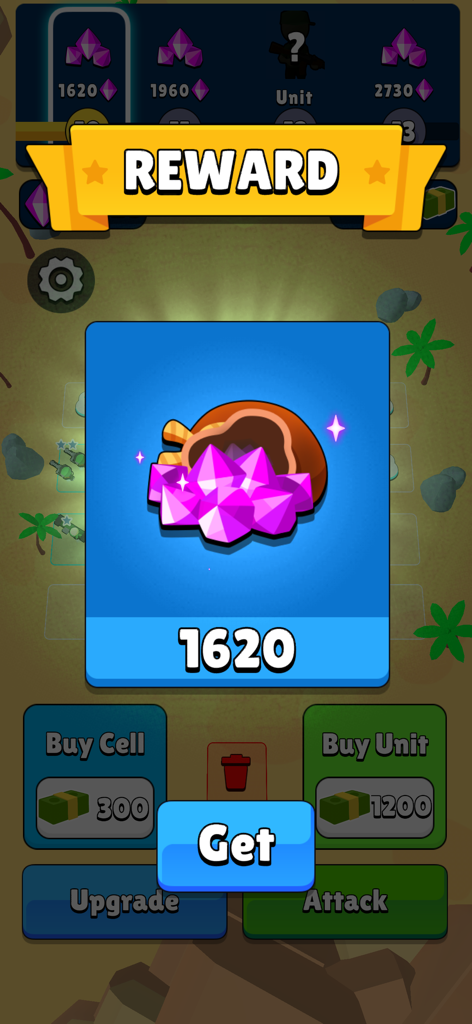 In-game reward screen showing a bag of purple crystals in Army Merge Tank Master