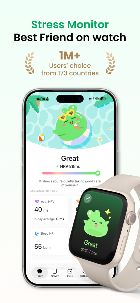 PulseBuddy AI stress monitor app interface on iPhone and Apple Watch displaying heart rate variability data and a green mascot.