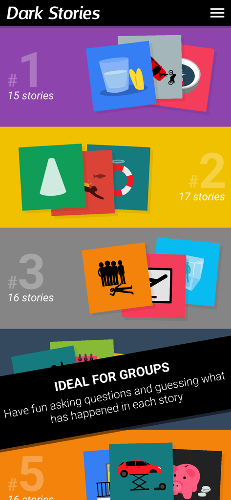 Dark Stories - Dark Stories app interface displaying various mystery story packs for groups.