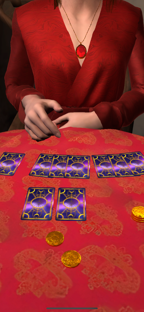 Tarot Reader 3D - Card reading - Un lector de tarot virtual en 3D sentado a una mesa con cartas repartidas