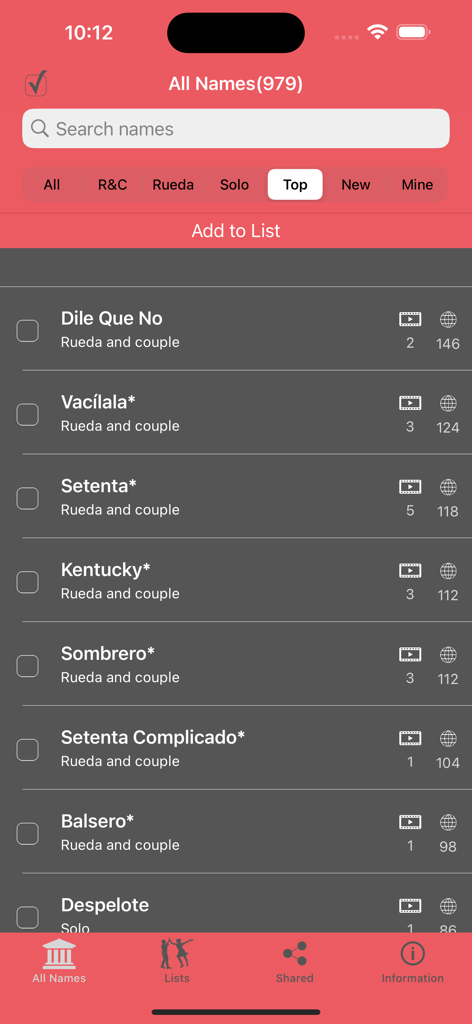 SalsaMemo - Pantalla de la aplicación SalsaMemo mostrando una lista de nombres de pasos de salsa cubana y Rueda de Casino como Dile Que No y Setenta.