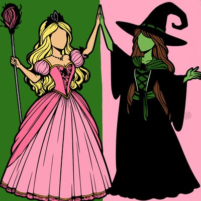 detailed realistic split of a princess and a witch