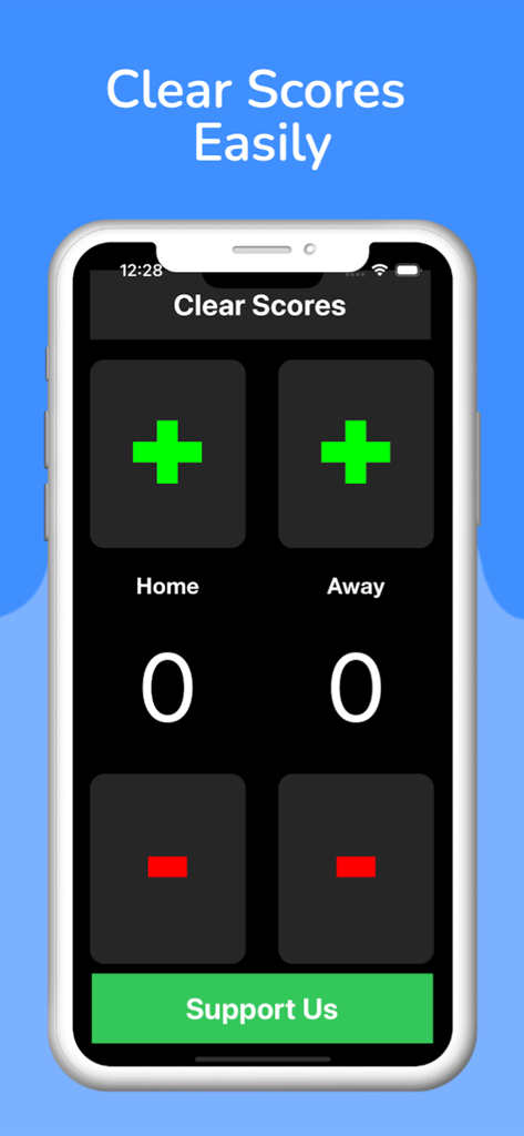 ScoreBoard & Point Counter App - 홈 및 어웨이 점수와 플러스 마이너스 버튼이 있는 점수판 앱 인터페이스를 보여주는 iPhone 화면