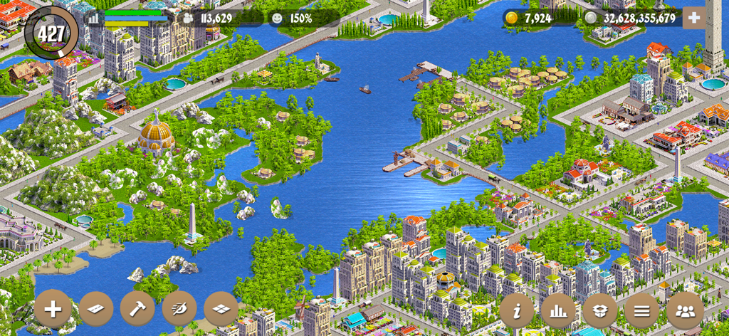 Designer City: Empire Edition - Top down gameplay view of a massive historic city with islands and bridges