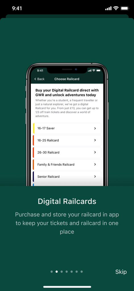 Great Western Railway app screen showing options for purchasing digital railcards including Senior and Family and Friends