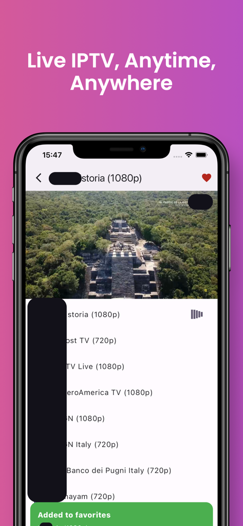 Any IPTV Player - Any IPTV Player app interface on iPhone showing a high definition live stream and a list of available channels
