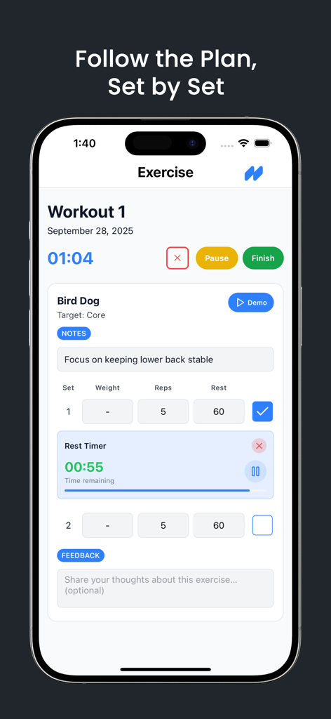 FitEase app screen showing an exercise log for Bird Dog with sets reps and a rest timer