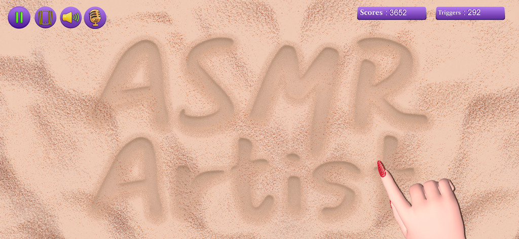 A digital hand writing the words ASMR Artist in a realistic sand simulation