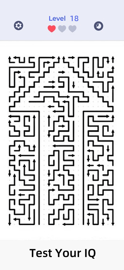 Arrows Puzzle: Escape Out! - Uma tela minimalista de quebra-cabeça lógico de Arrows Puzzle mostrando caminhos de setas emaranhados formando uma grande seta e o texto Teste seu QI