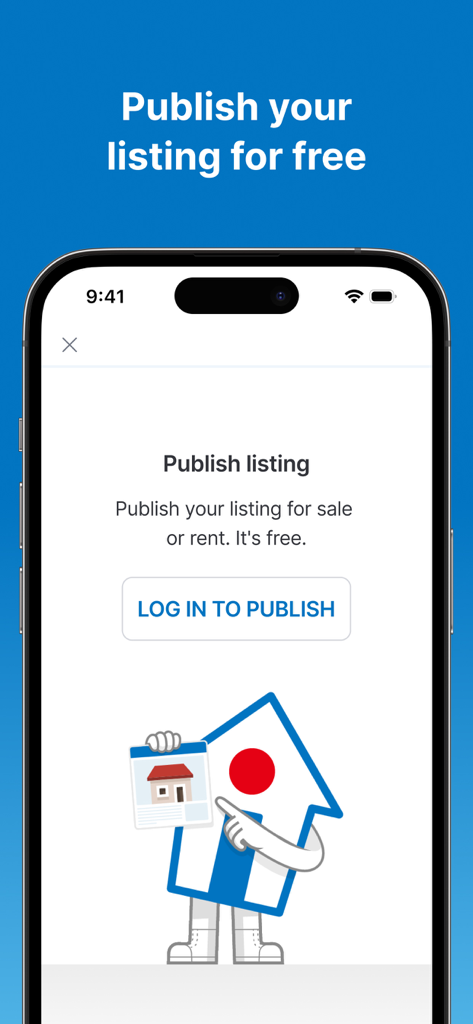 Una pantalla de la app móvil con un botón para iniciar sesión y publicar un anuncio inmobiliario gratis