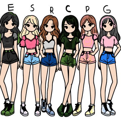 a group of girls wearing crop tops and shorts