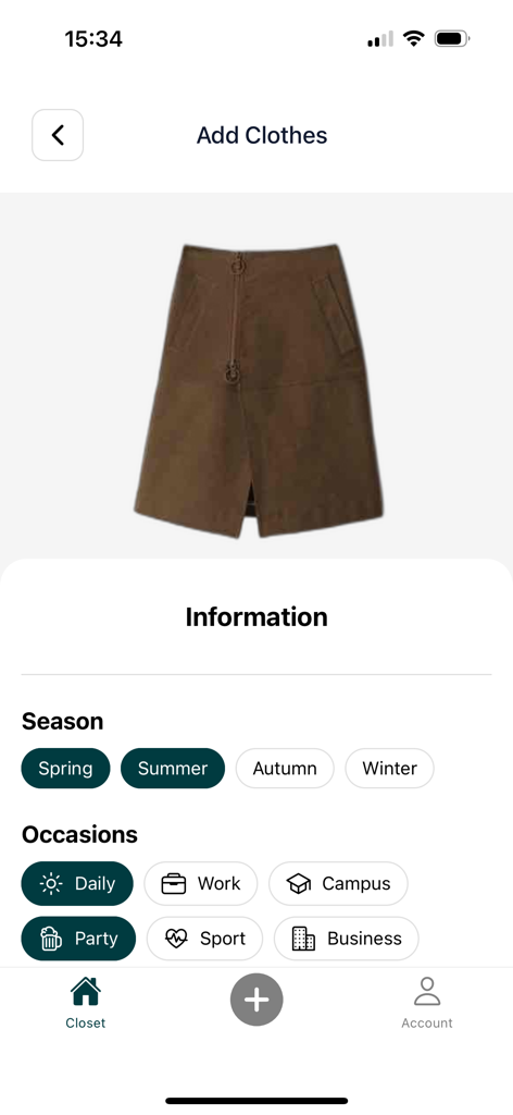 My AI Closet - Interface of My AI Closet app for adding a brown skirt with options to select seasons and occasions