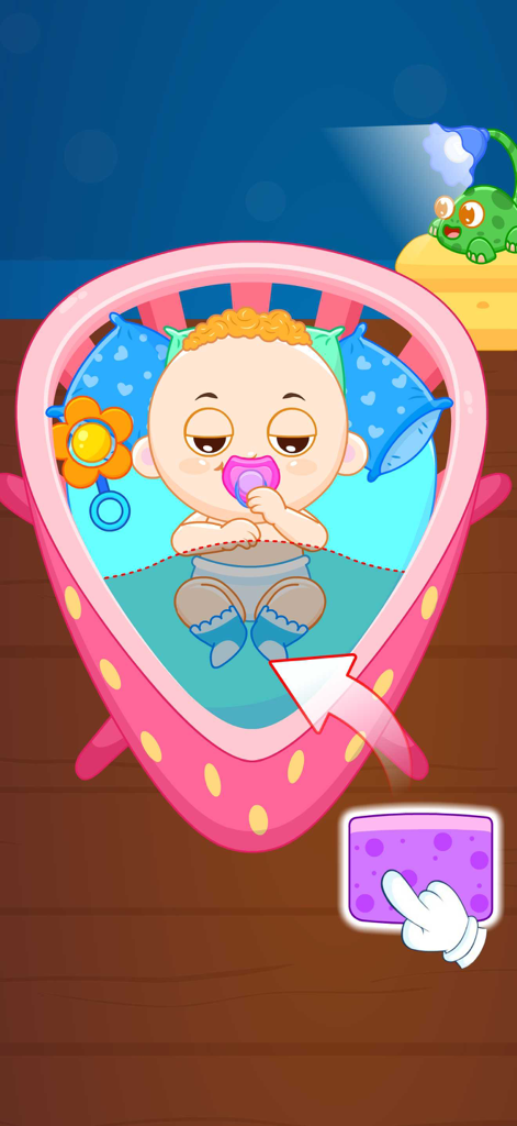 Take Care of a Baby Doll Games - A cartoon baby with a pacifier resting in a pink strawberry-shaped crib.