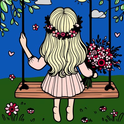 girl sitting on a swing backwards with flowers in her hands