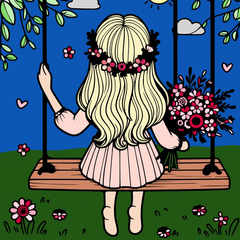 girl sitting on a swing backwards with flowers in her hands
