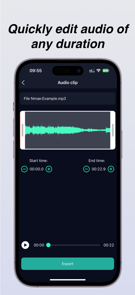 Audio clip editing screen with waveform display and export button