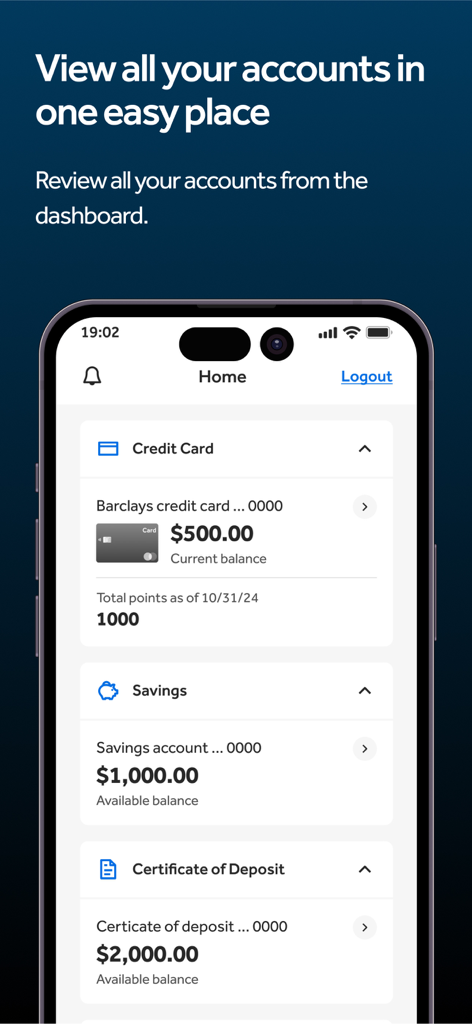 Barclays US mobile app dashboard showing credit card and savings account balances in one place