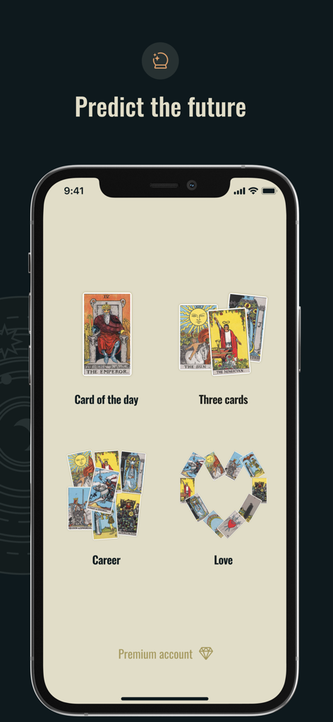 Hauptmenü der Tarot-App mit Leseoptionen für Tageskarte Karriere und Liebe
