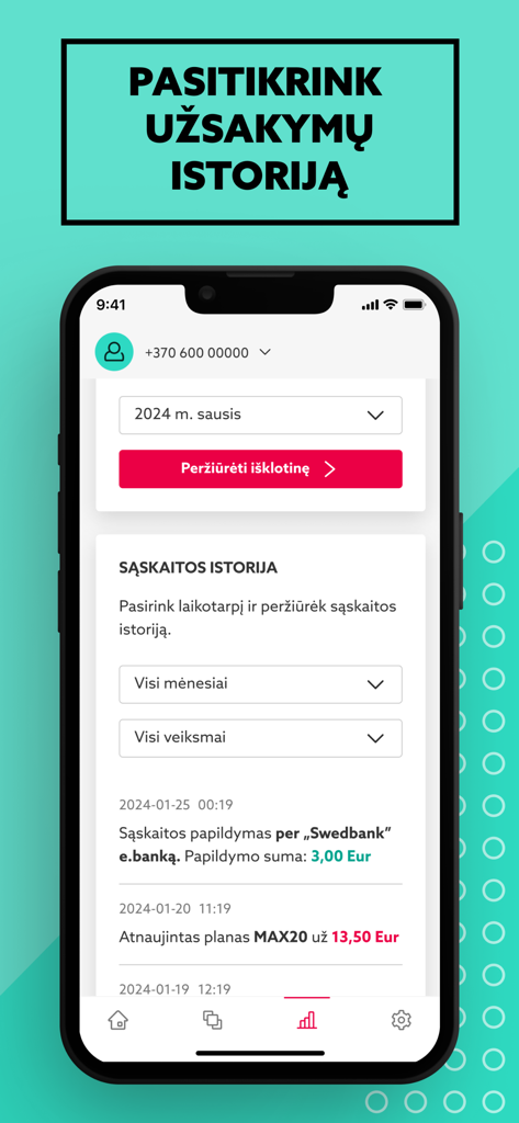 Mano EŽYS - Mano EZYS mobile app account history interface displaying recent top-ups and plan renewals