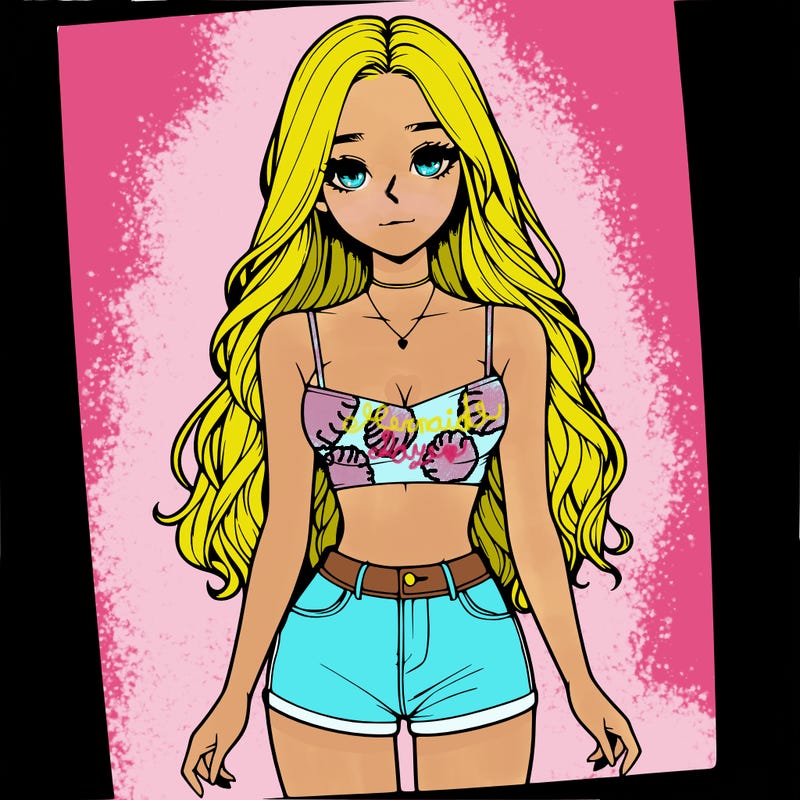 a realistic girl with long hair and in a crop top and shprts