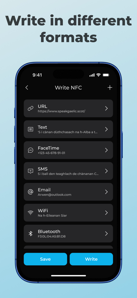 NFC Reader und Writer Tools App-Oberfläche, die verschiedene Datenformate zum Schreiben auf NFC-Tags anzeigt