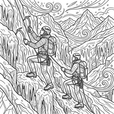 Embark on a frosty adventure with this dynamic coloring page featuring two teenage ice climbers scaling a challenging frozen waterfall. Perfect for teens who love action-packed scenes and mountain sports.