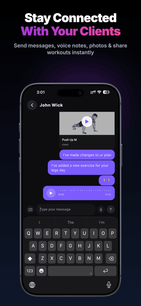 ProCoach: Fitness Coaching App - ProCoach app messaging screen showing a coach sending workout videos and voice notes to a client